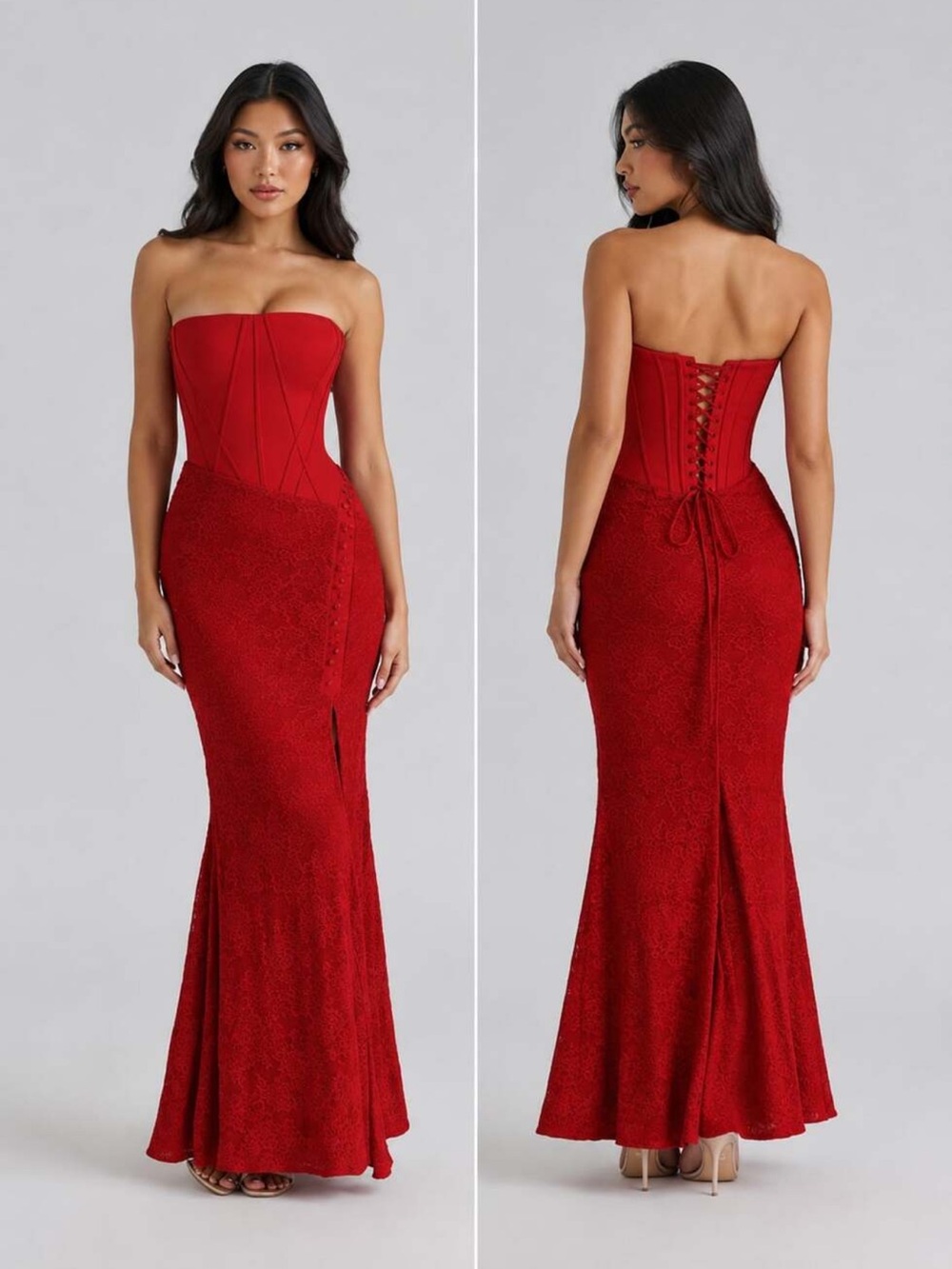 House of CB 'Valerie' Red Satin Lace Strapless Maxi Dress Size XS NWOT